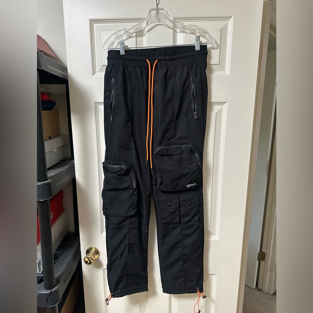Men's Black Cargo pants fashion with Orange Drawcord pockets strings